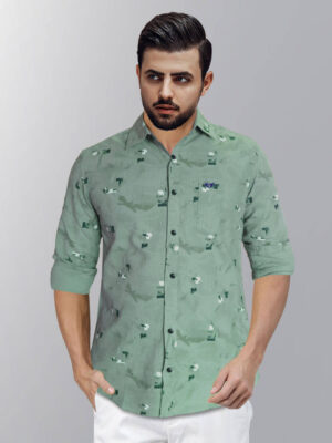 Jack Vault Regular Fit Full Sleeves Printed Men's Cotton Shirt - Creamy Green