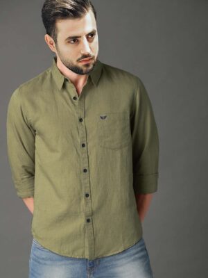 Jack Vault Regular Fit Full Sleeves Solid Men's Cotton Shirt - Olive Green